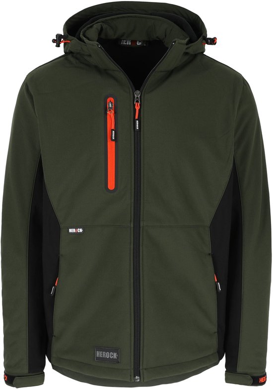 Olijfgroene softshell werkjas met zwarte zijpanelen en oranje ritsen op de borstzakken.