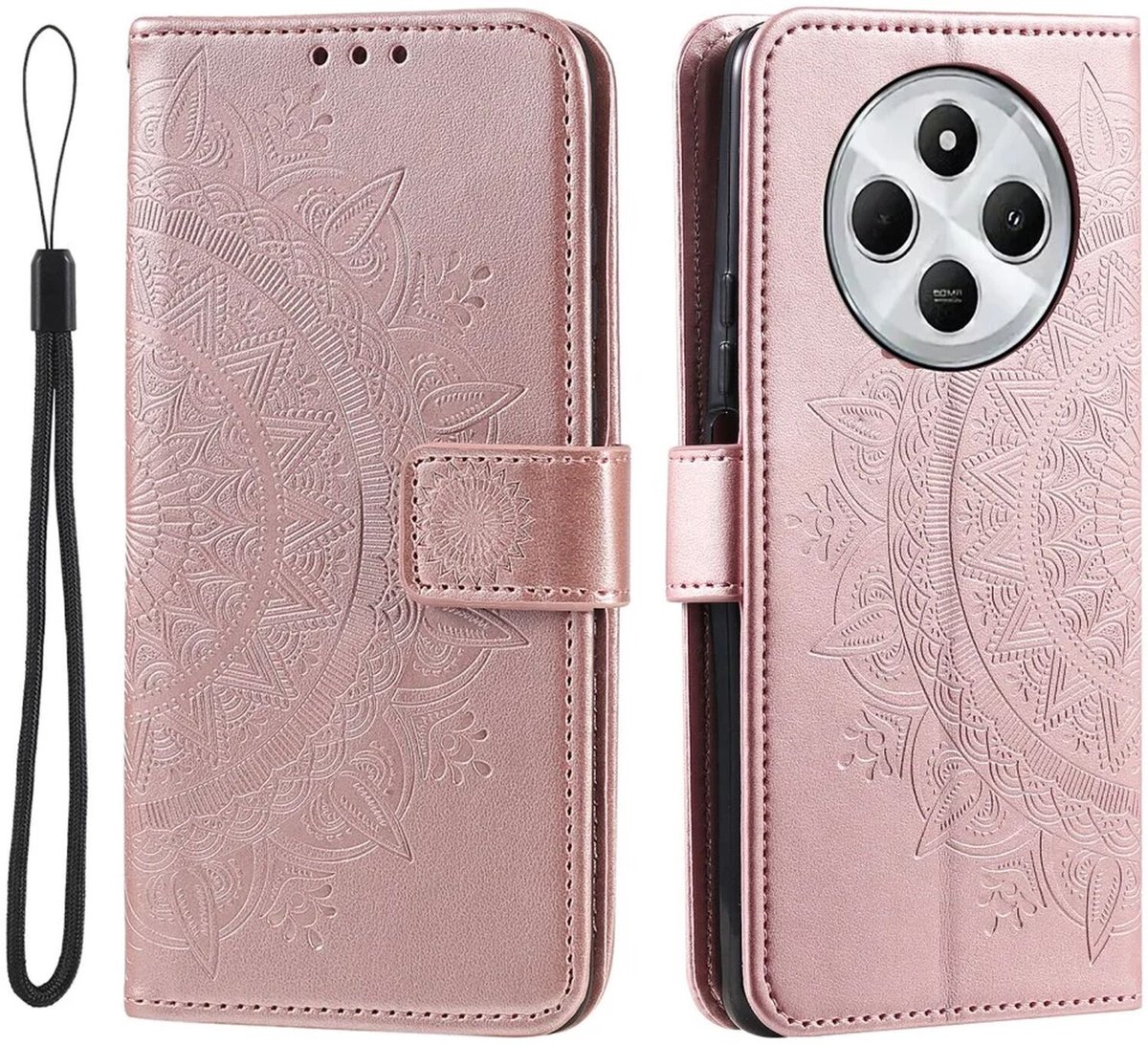 Hoesje Mandala Book Case met Pasjeshouder Roze Goud Geschikt voor Xiaomi Redmi 14C