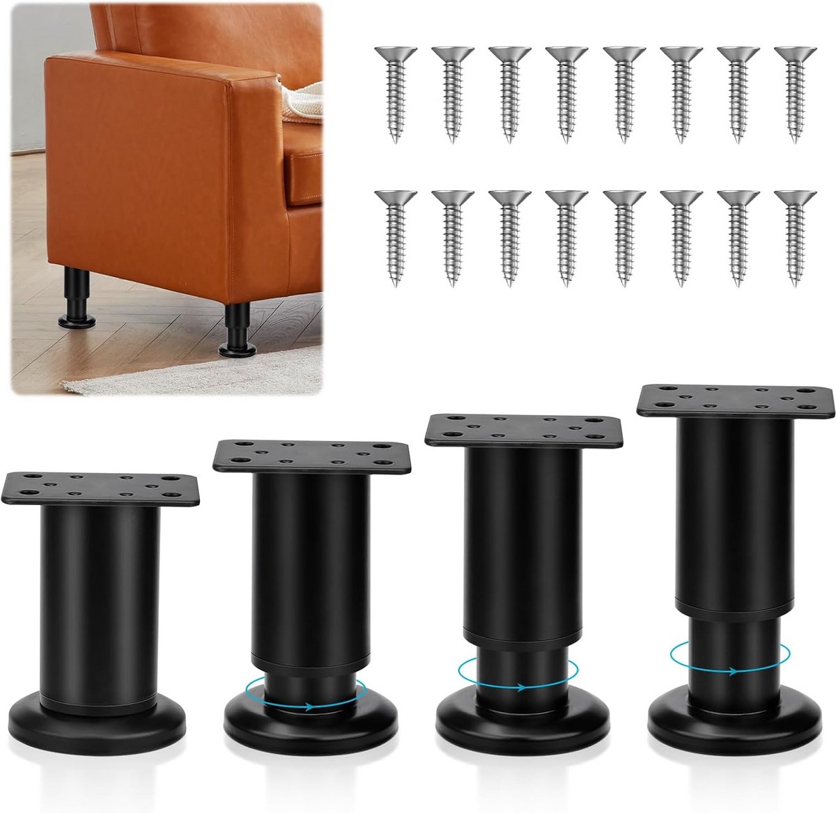 Meubelpoten Set - Verstelbare Steunen - Meubels Stabiliseren - Kunststof Staal Materiaal - 8-12 cm - Zwart