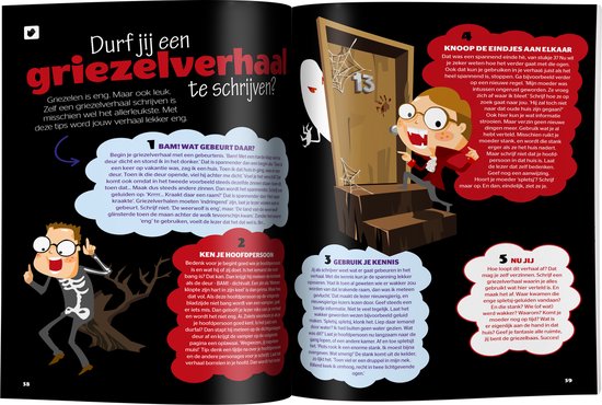 Quest Junior pagina met een jongen en een skelet die zich voorbereiden op een griezelverhaal.