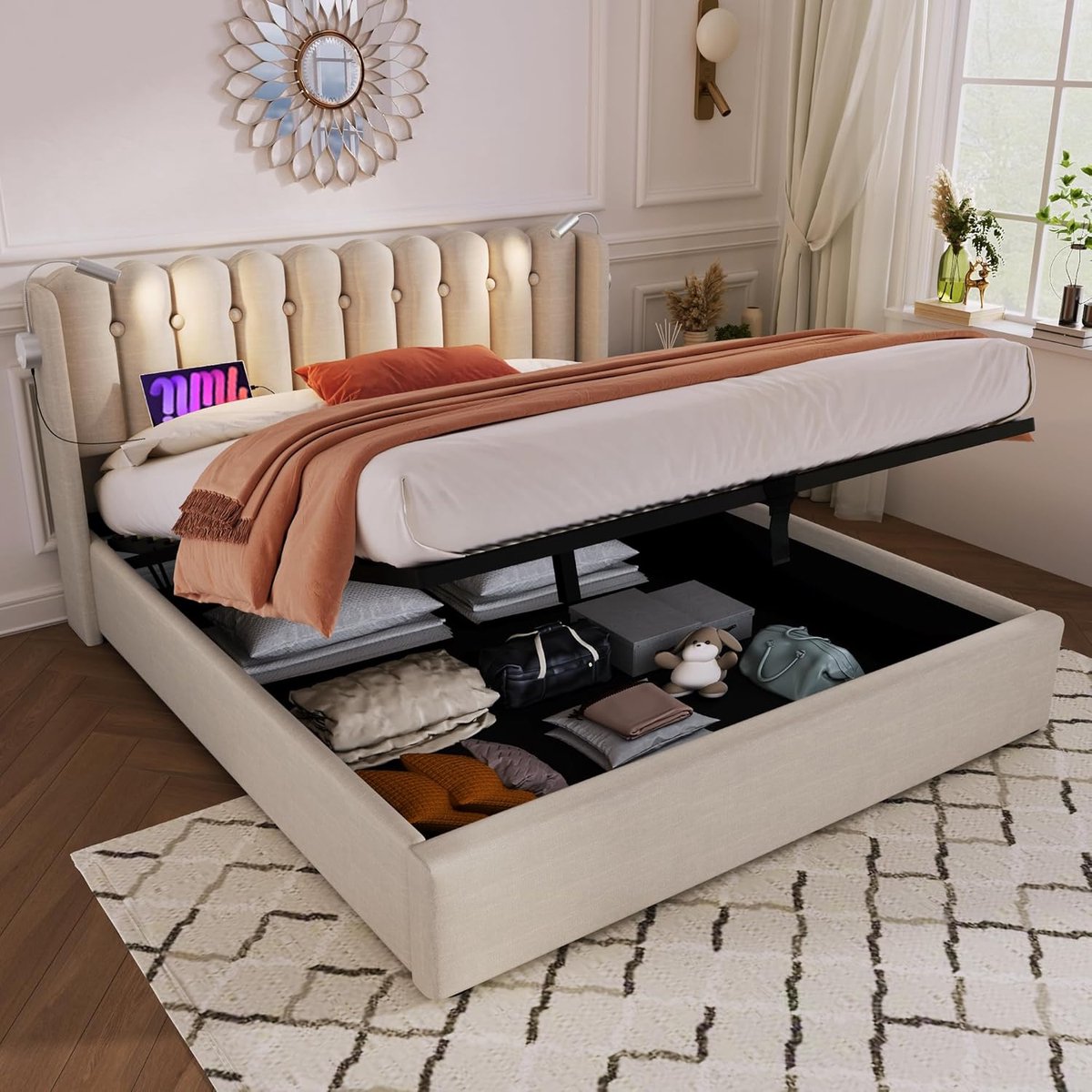 Gestoffeerd Tweepersoonsbed - Linnen Bedframe - Ontspannen Slapen - Geïntegreerde Leeslamp