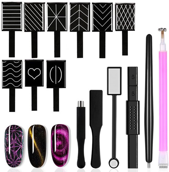 Een set van 15 nagel design tools en magneten, inclusief negen patroon magneten, diverse pennen en magneten voor 'kattenoog' effecten, en drie staaltjes nagellak.