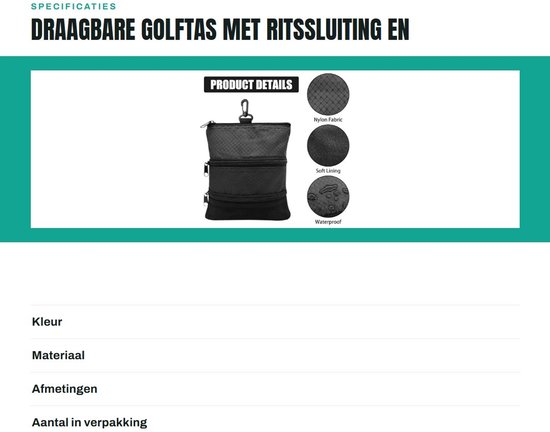 Dailygoods- Golftas Draagbaar - Golfbal Organizer - 3-Laagse Ritssluiting - Hoogwaardig Oxford-Materiaal - Praktisch en Compact - Handig Haakontwerp - Golfaccessoire van Dailygoods — afbeelding 3