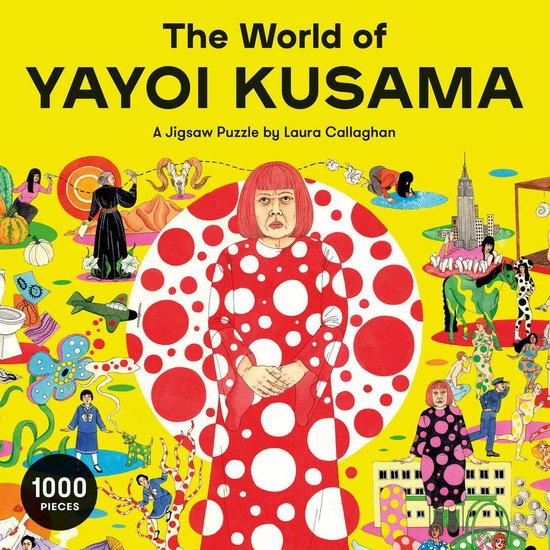 De complete puzzel 'The World of Yayoi Kusama', met de kunstenares in een rood-wit gestippeld jurkje, omringd door iconische elementen.