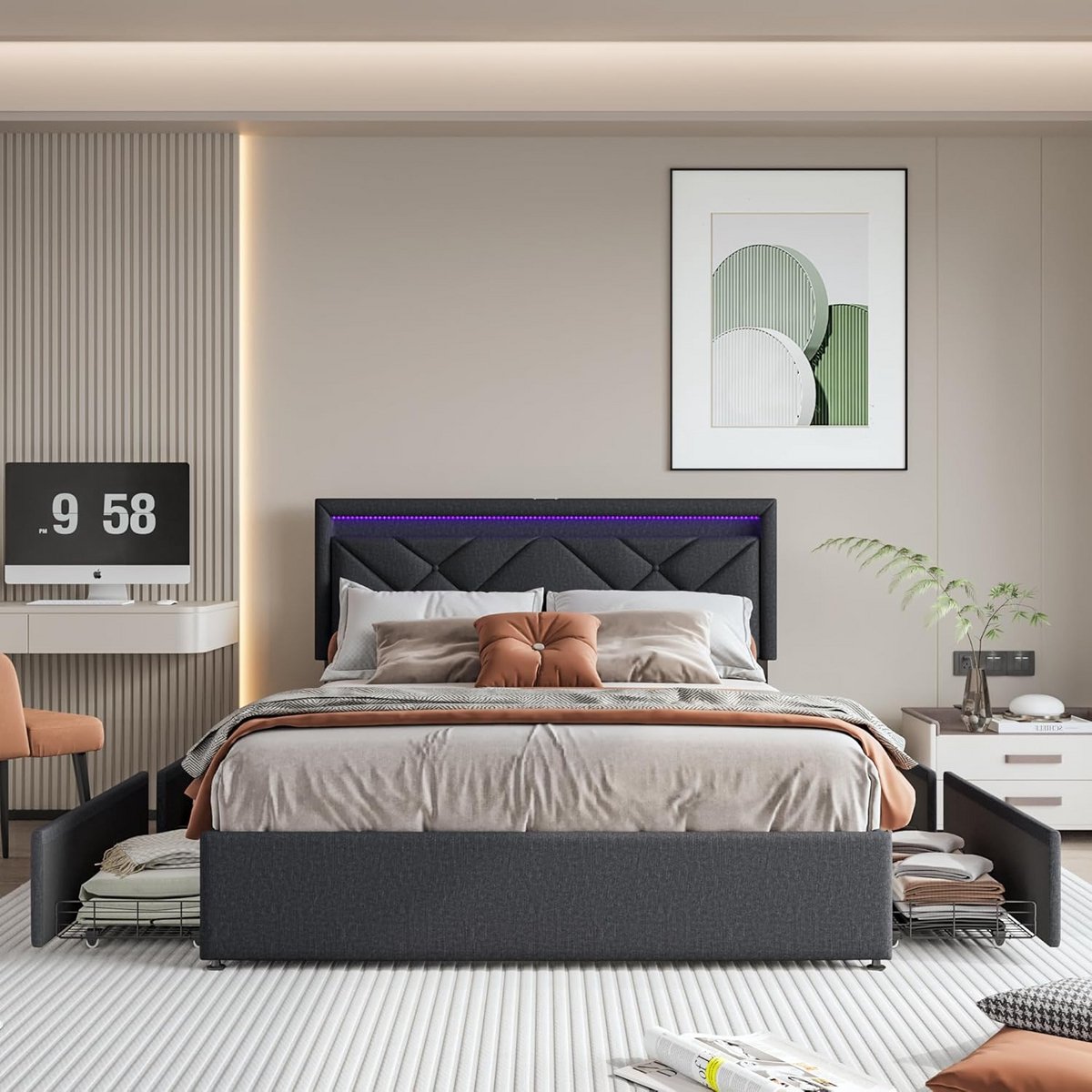 Gestoffeerd Bed - Opbergbed - Moderne Slaapkamer - Geïntegreerde Oplaadpoorten - 160 x 200 cm - Donkergrijs