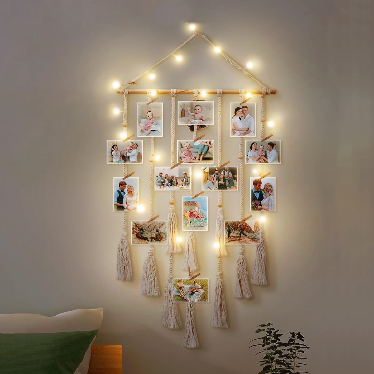 Fotocollage - Hangend display fotobord - TENZHVXI® - Inclusief 20 clips - LED-lichtsnoer - Niet snel beschadigd, om foto's aan de muur te hangen, voor knutselprojecten - Beige