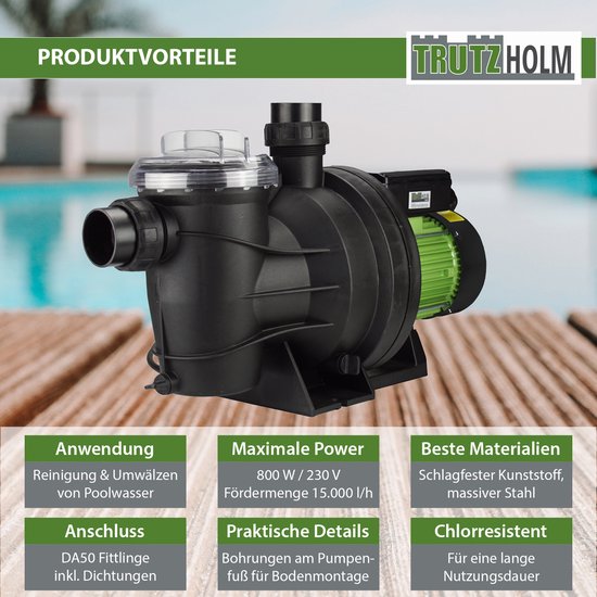 TRUTZHOLM Zwembadpomp 800W - 15.000 l/u - Opvoerhoogte 13,5m - Zelfaanzuigende Circulatiepomp Filterpomp Zwembadwater van trutzholm — afbeelding 4