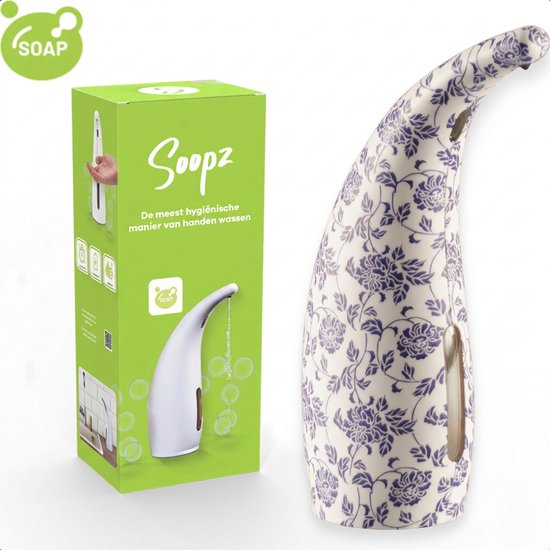 Zeepdispenser met Delfts blauw bloemenpatroon naast de verpakking.