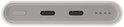 Zijaanzicht van de lichtgrijze powerbank met USB-C poorten en indicatielampjes.