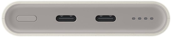 Zijaanzicht van de lichtgrijze powerbank met USB-C poorten en indicatielampjes.