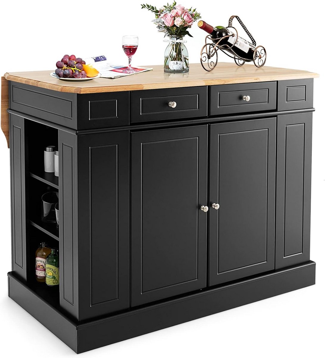 Keukeneiland - Keukenkast - Keuken organiseren - Uitschuifbaar werkblad - 120 x 60/90 cm - Zwart