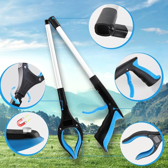 Tweedelige grijperset, 82 cm telescopische aluminium objectgrijper met 360° draaibare kop, ergonomische handgreep en magnetische klem, voor het verzamelen van afval (blauw). van Merkloos	 — afbeelding 2