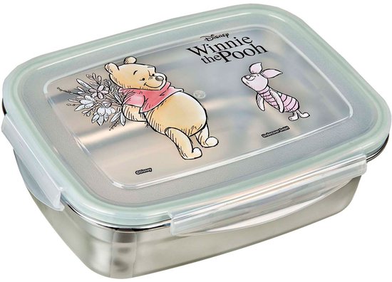Boîte à pain en métal avec couvercle transparent de Winnie l'Ourson et Porcinet tenant des fleurs.