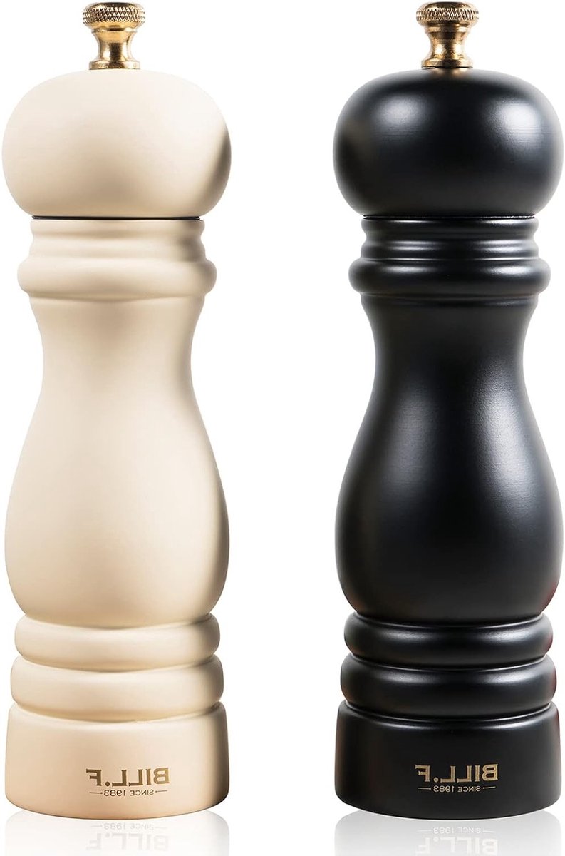 Set van 2 Houten Pepermolen en Zoutmolen, Handmatige, Navulbare Molens van 17,8 cm met Instelbare Keramische Maalmechanisme (Zwart & Beige)