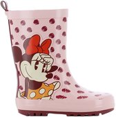 Roze regenlaars met stippen en Minnie Mouse print. Donkerrode zool en zijkant.