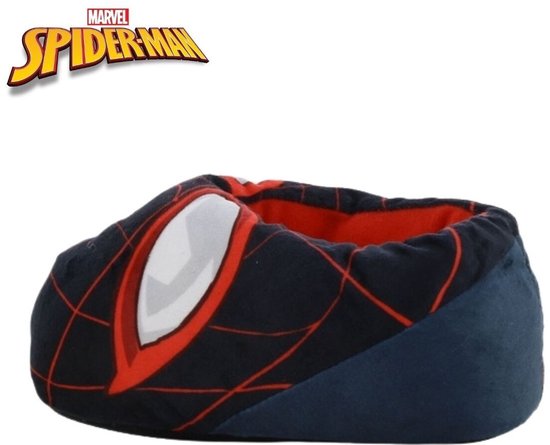 Donkerblauwe Spiderman pantoffel met rode voering en witte en rode ogen.