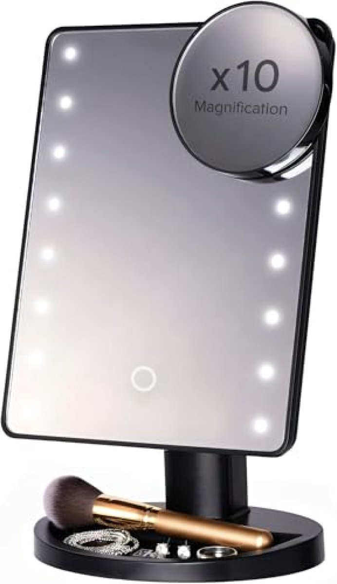 Make-up spiegel met LED verlichting - Verstelbaar tot 180° - 10x vergroting - Zwart