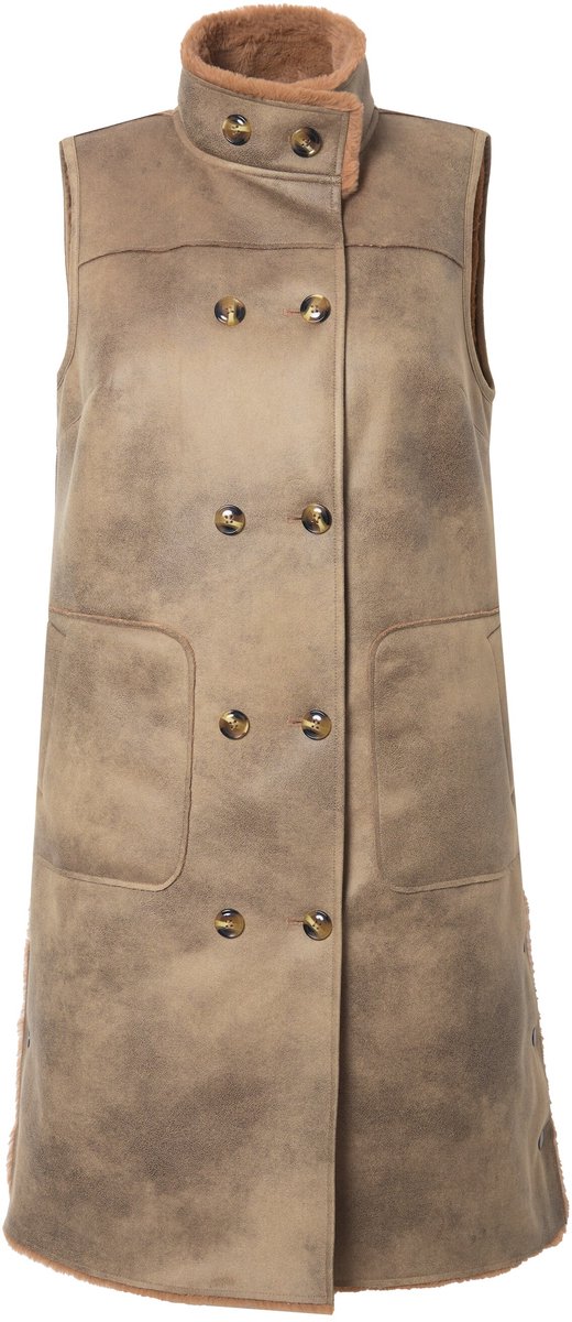 MIAMODA - Dames - Omkeerbare bodywarmer leerlook/teddypluche zijsplitten - Beige - Maat 58+