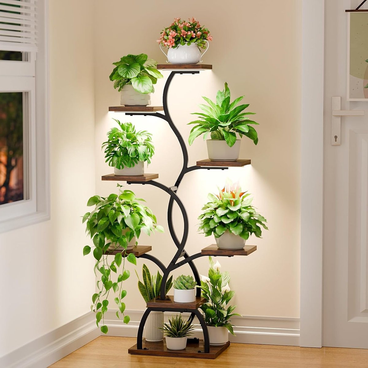 Plantstand met Groeilamp - 8 Niveaus voor Planten, Metalen en Houten Bloemenrek - Decoratief Zwart Plantenrek voor Binnen en Buiten, Ideaal voor Tuin en Balkon