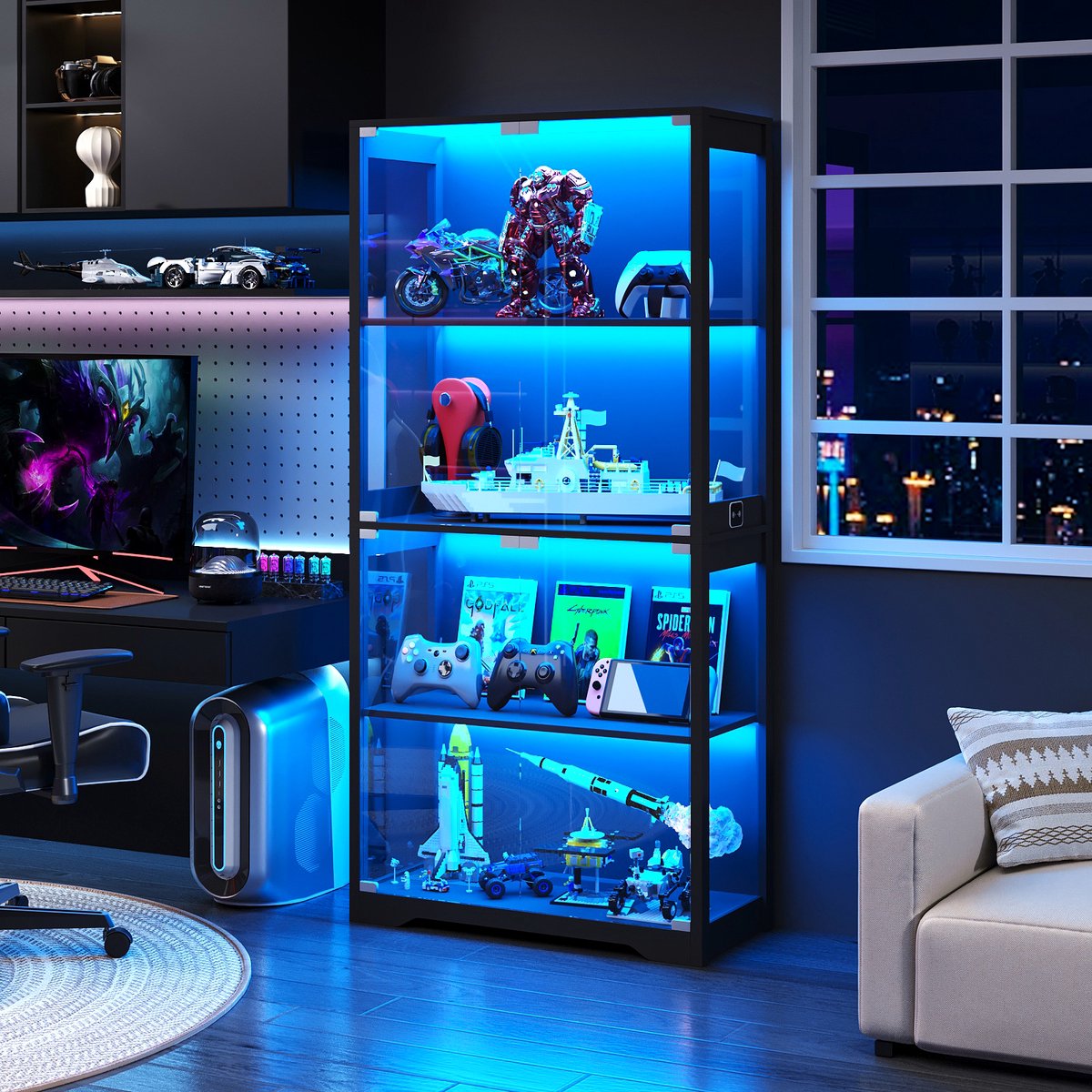 BROTTAR Home - Glazen vitrine met LED - 4 niveaus - Sensorsysteem - Zwart - 80x35x165 cm