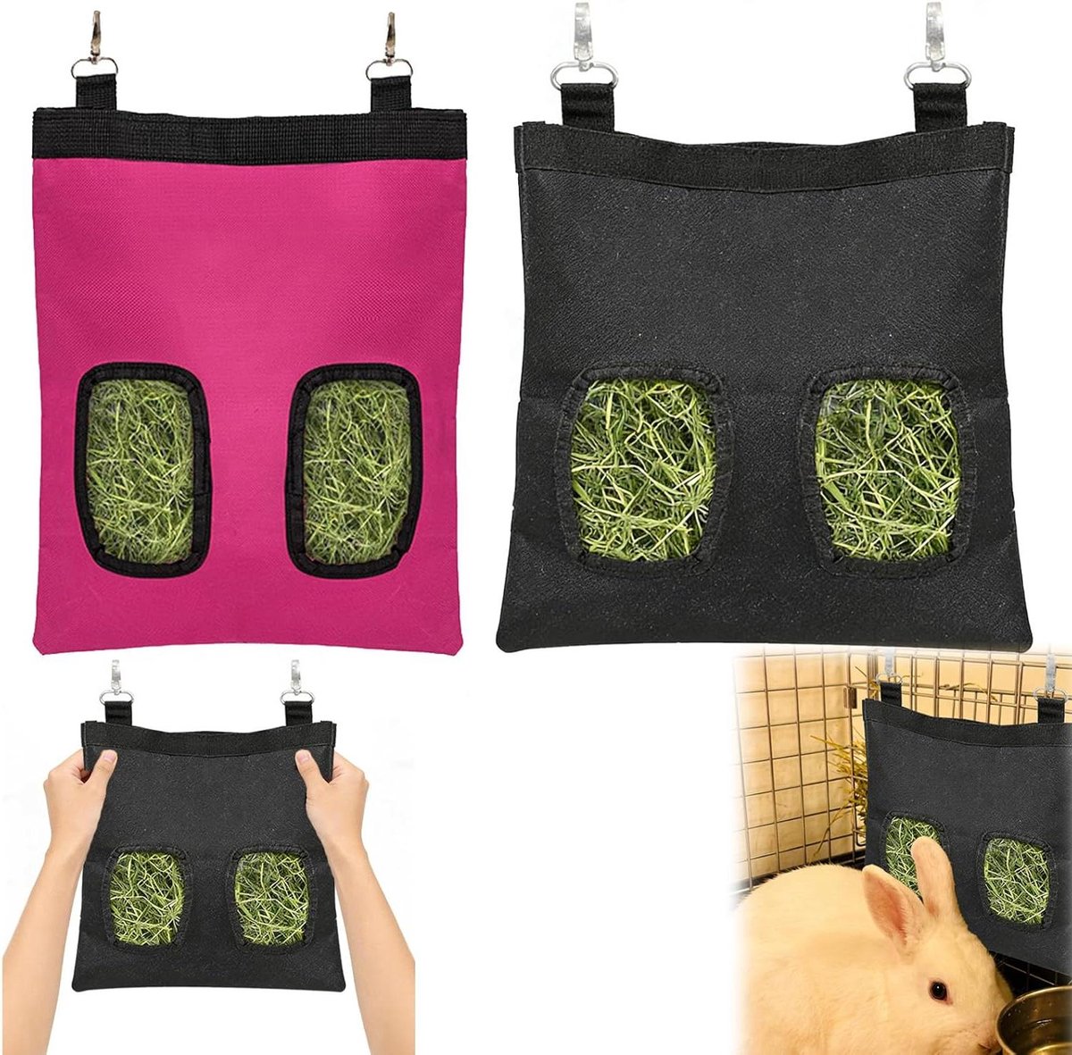Konijn Hooitas Set - Hooi Voederzak - Kleine Dieren Voeren - Stevig Oxford Materiaal - 2 Stuks - Zwart Roze