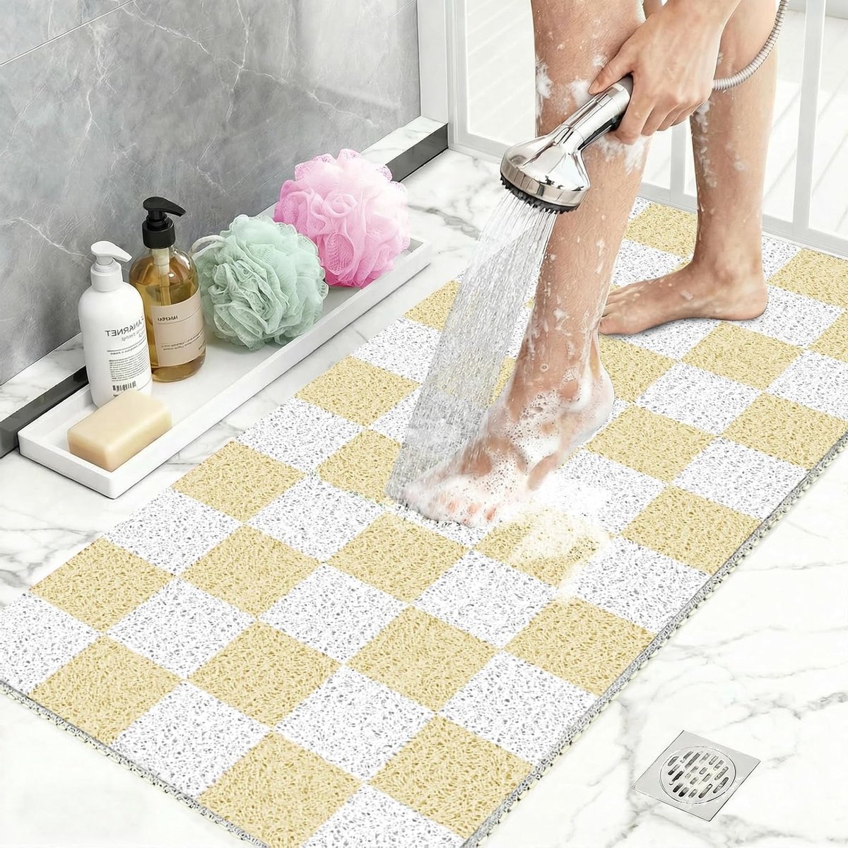 Zachte en Sneldrogende Douchemattens voor Badkamer, Antislip en Comfortabel, 50x80cm Beige-Wit Ruitpatroon