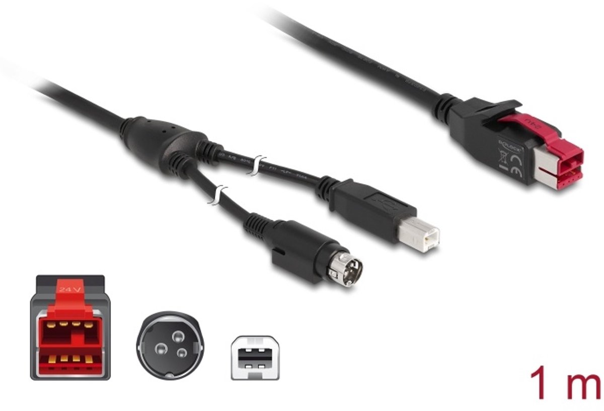 Powered USB-kabel mannelijk 24 V naar USB Type-B man 1 meter