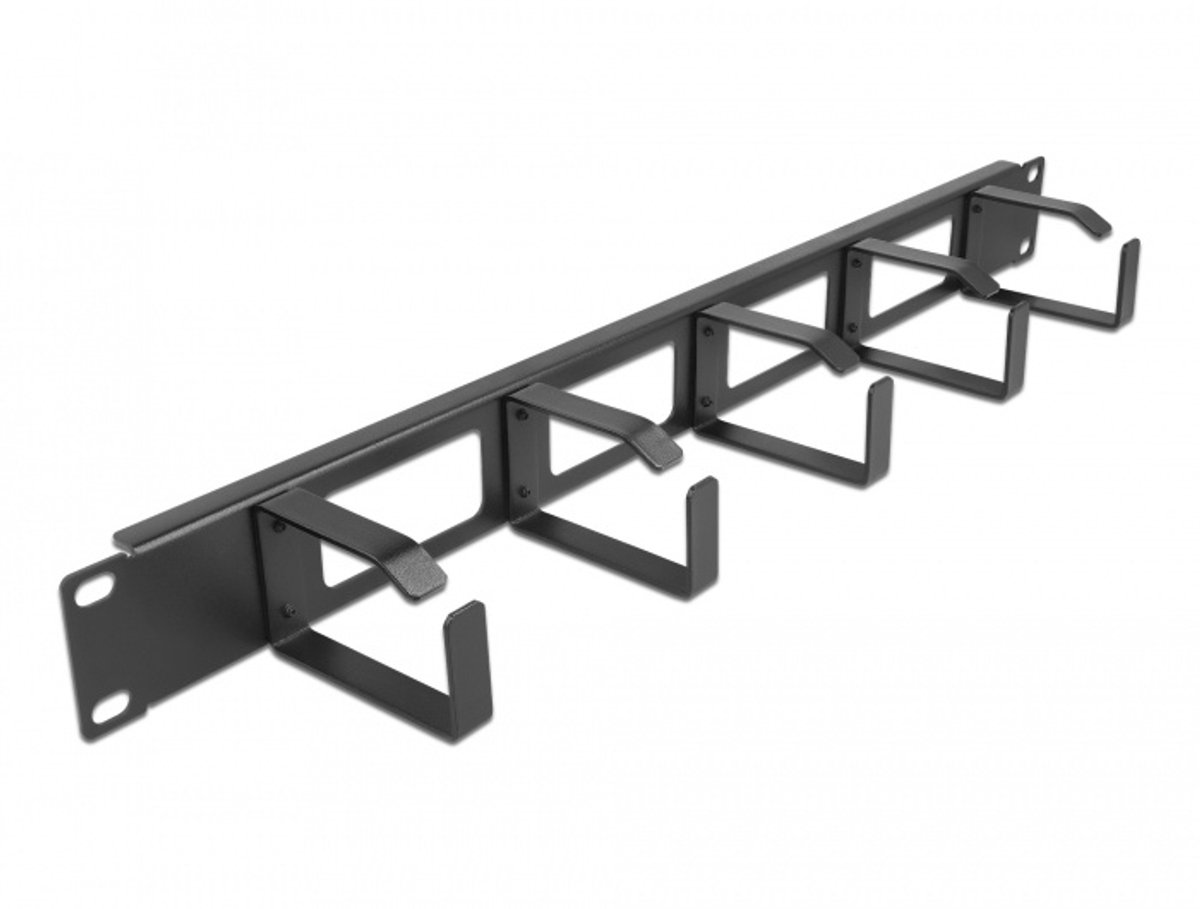 19 ″ kabelbeheerrouteringspaneel met 4 openingen en 5 haken 1U zwart