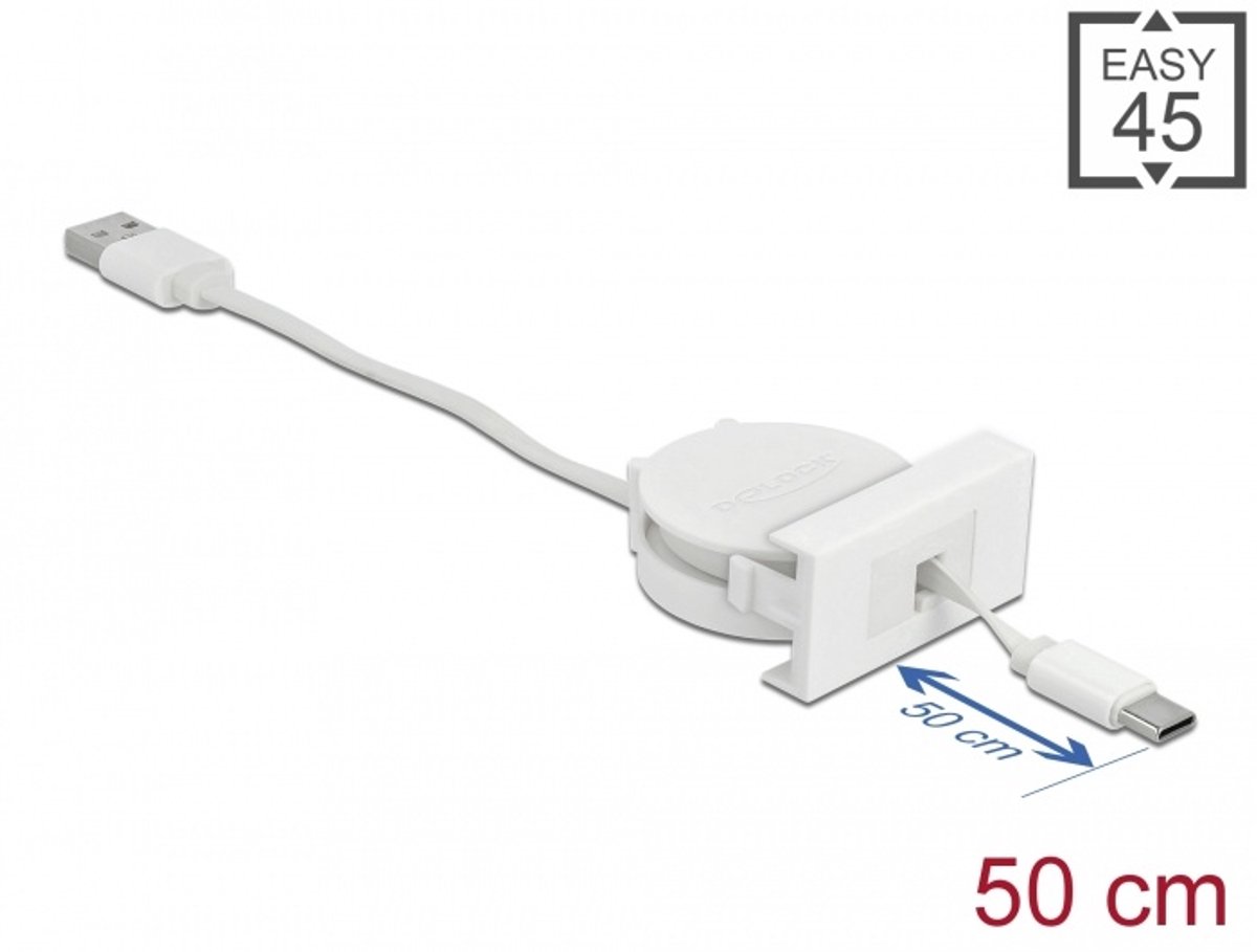 Eenvoudig 45 Module USB 2.0 Intrekbare kabel USB Type-A naar USB Type-C White