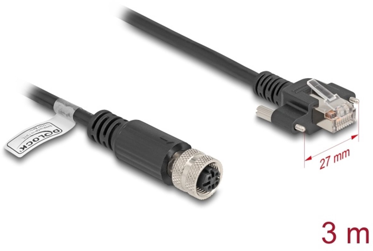 Delock M12 Cable D-coded 4 pin female to RJ45 plug with screws Cat.5e FTP 3 m black