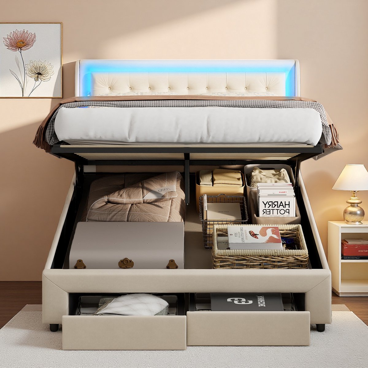 SHOPENTRA Opbergbed 160x200 cm Beige Fluweel thumbnail 6