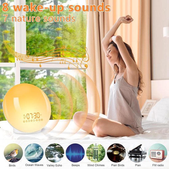 Wake-Up Light - Nachtlamp Alarm - Rustig Ontwaken - Zonsopgang Simulatie - 7 Kleuren - Wit van Wake-up Light — afbeelding 4