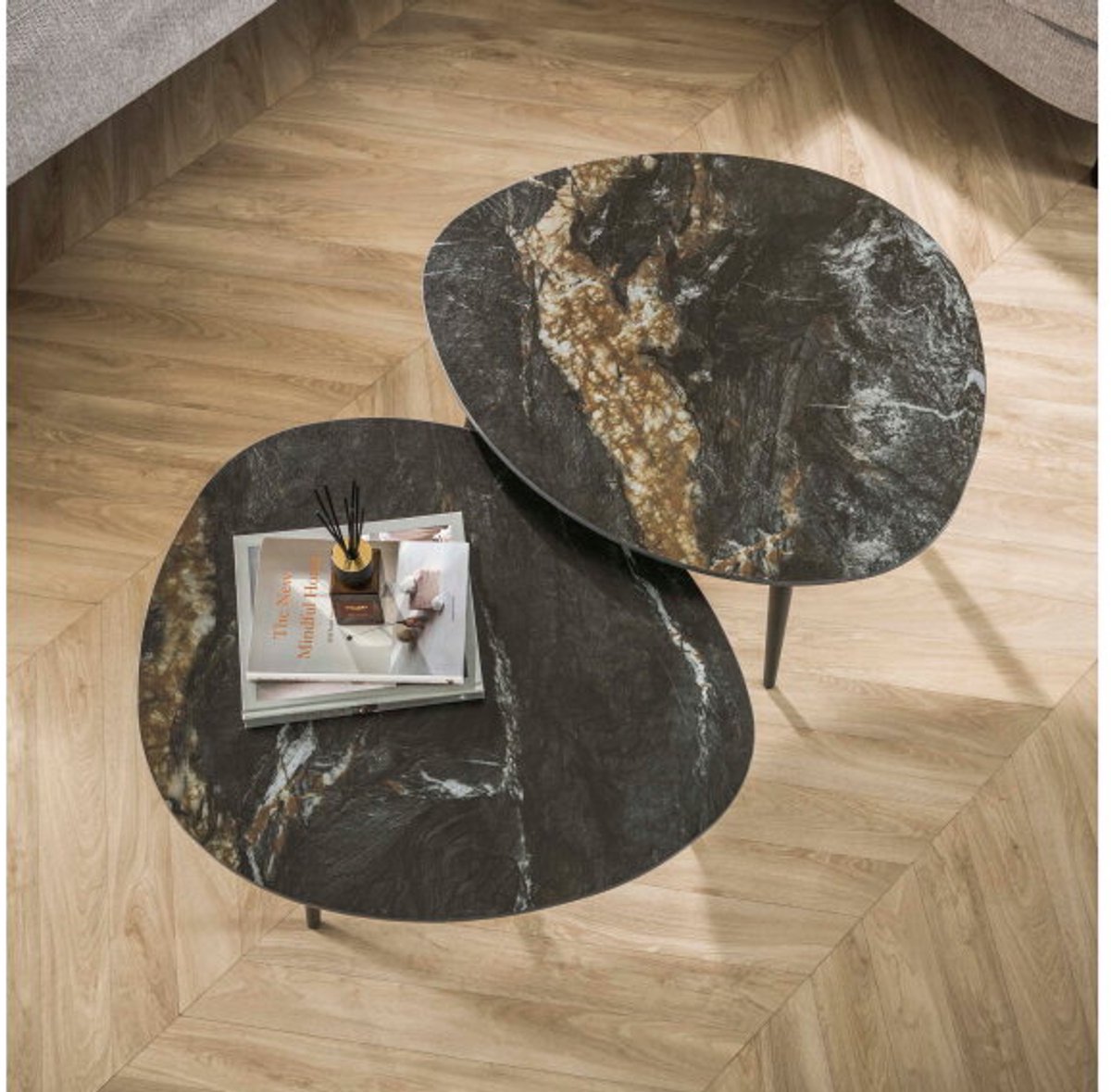 Meubelplaats Salontafel Fossil keramiek set van 2 organisch - Zwart Naturel