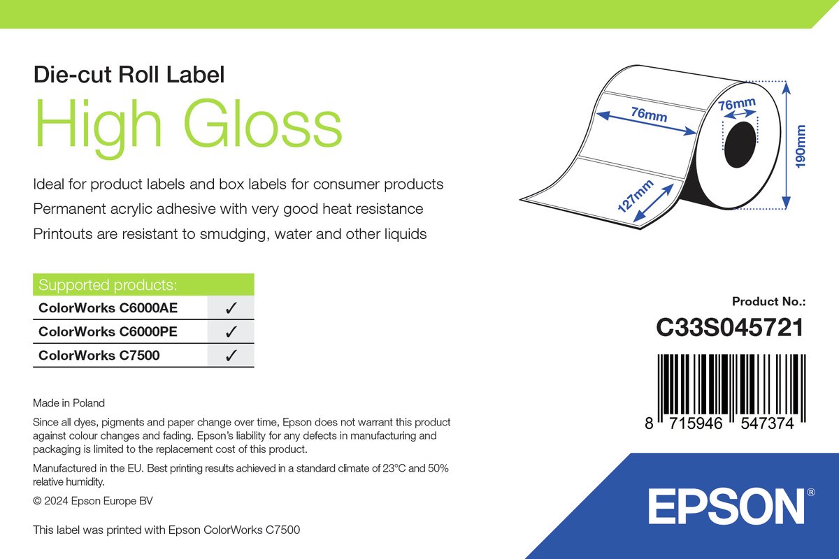 Epson High Gloss Label - Die-cut Roll: 76mm x 127mm, 960 labels