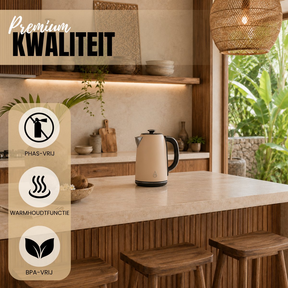 Motivai Waterkoker met Warmhoudfunctie & Temperatuurregeling – 1.7L – 2200W – BPA-vrij & PHAS-vrij RVS – Retro – Matte Beige — afbeelding 2