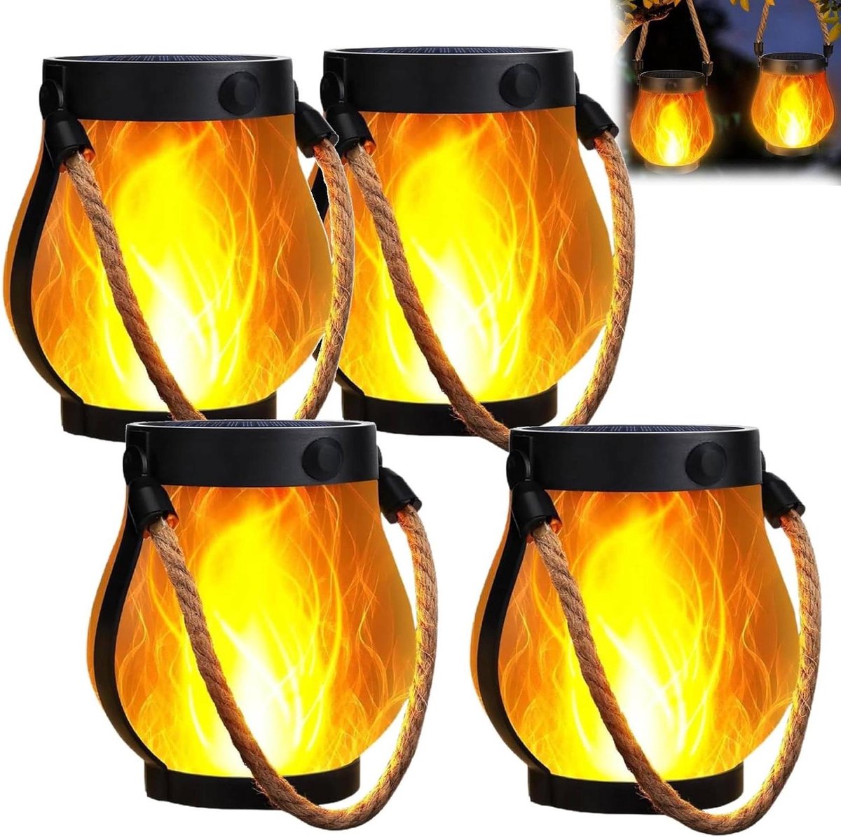Solar Lantaarn - Buitenlamp Vlam - Tuin Decoratie - Dansende Vlam Effect - 4 Stuks - Zwart