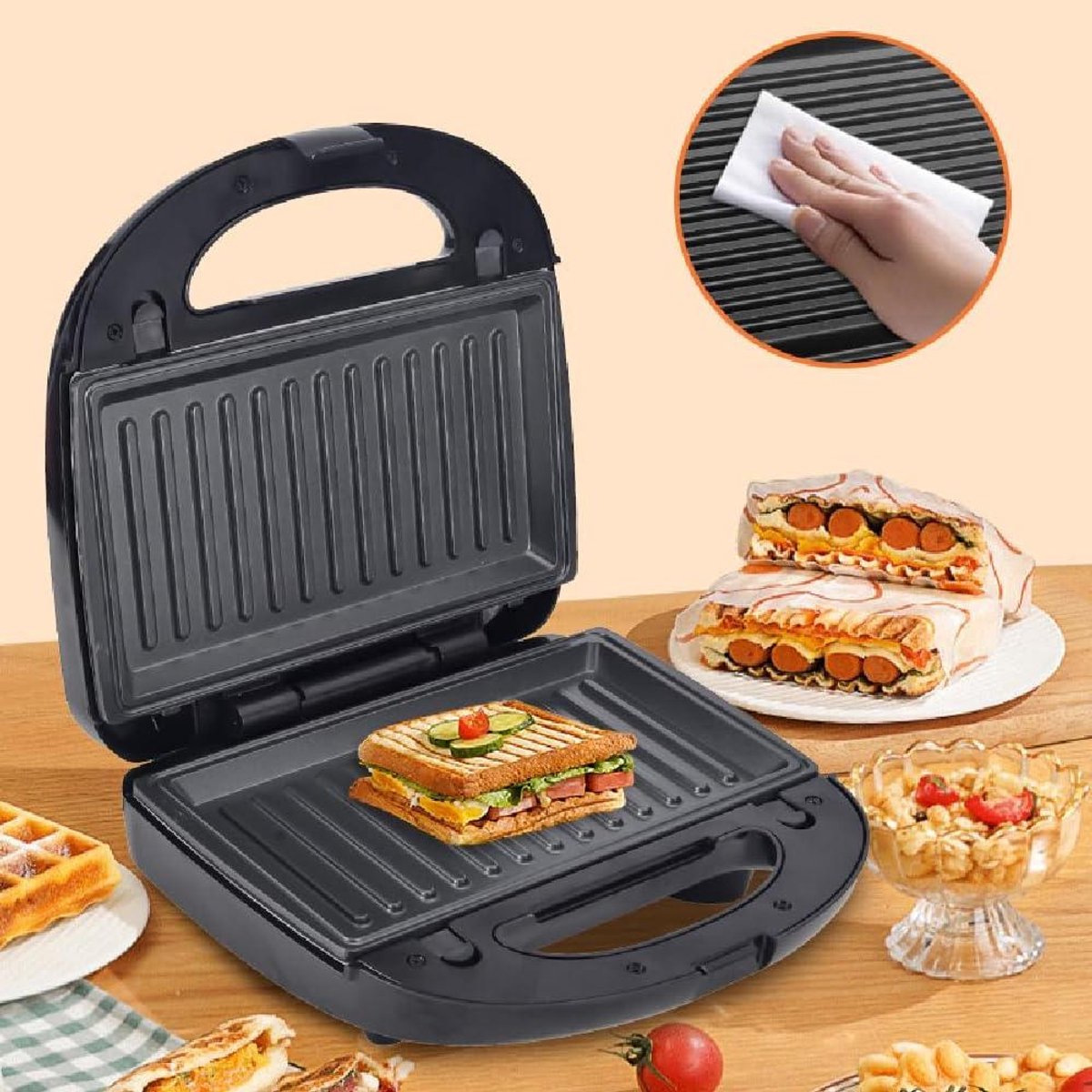 Multifunctioneel Keukenapparaat - 8-in-1 Grill - Snelle Snacks Maken - 8 Verwisselbare Platen - 750 Watt - Zwart