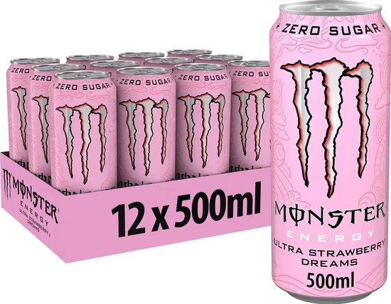 Een blikje Monster Energy Ultra Strawberry Dreams in het roze, 500ml, met "Zero Sugar". Ernaast een kartonnen doos met "12 x 500ml" en 12 blikjes.