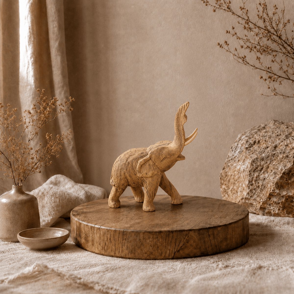 Handgesneden houten olifant – naturel decoratiebeeldje 21 cm – olifant met slurf omhoog