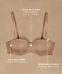 Beige strapless beha met afneembare bandjes en kanten details op de achterband. Tekst: 'Lace back band', 'Detachable straps'.