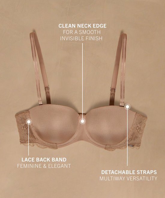 Beige strapless beha met afneembare bandjes en kanten details op de achterband. Tekst: 'Lace back band', 'Detachable straps'.