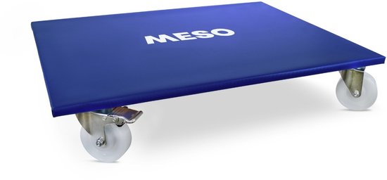 Blauwe vierkante meubelroller met MESO logo en vier witte zwenkwielen.