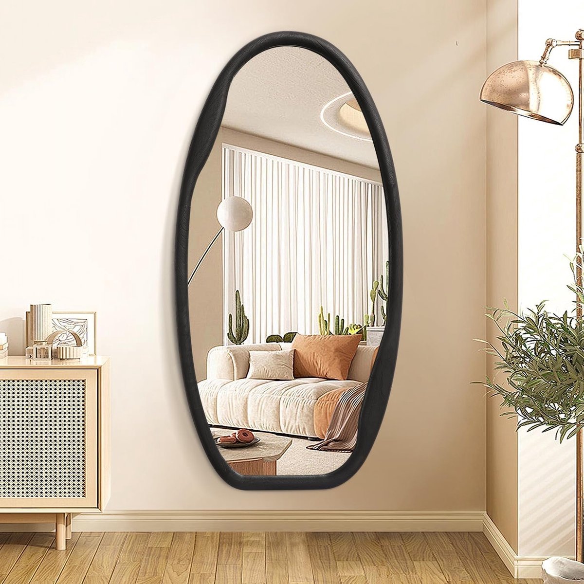 Grote Asymmetrische Wandspiegel met Zwart Houten Frame, 100x50cm, Modern Design voor Woonkamer, Badkamer en Entree, Horizontaal of Verticaal Hangend