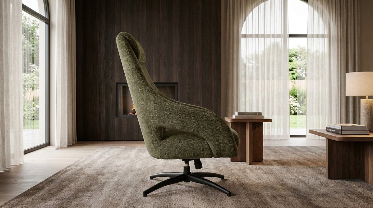 Draaifauteuil – House&Garden Maxwell Elite Relax Draaistoel Hunter Chenille – Luxe 360° Draaifauteuil met Kantelfunctie – Ergonomische Lounge Fauteuil met Verstelbare Zitpositie – Zwart Metalen Design Stoel – 75x84x108 cm