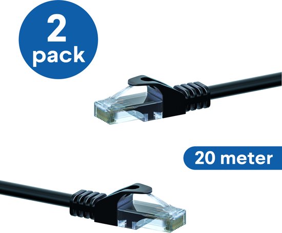 2 câbles patch UTP CAT6 noirs de 20 mètres avec connecteurs RJ45, lot de 2.