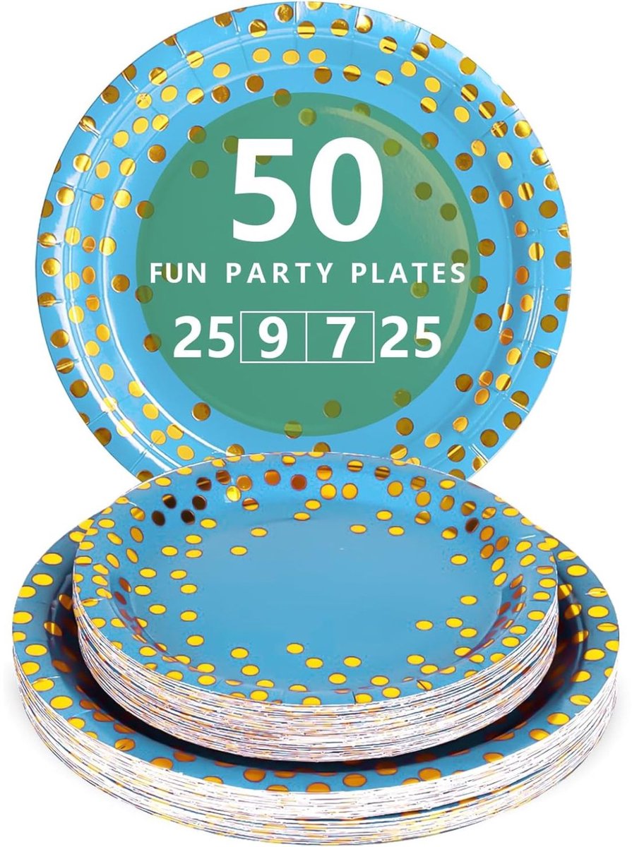 Papieren Borden - Papieren Bord - Gebaksbordjes - Bordjes - Wegwerp borden - Feest/verjaardag/BBQ borden - Dessertbordjes - Papieren Bordjes - Taartborden - Feestborden - Lichtblauw en Goud - 23cm, 18cm - 50 Stuks - van Imperatoris