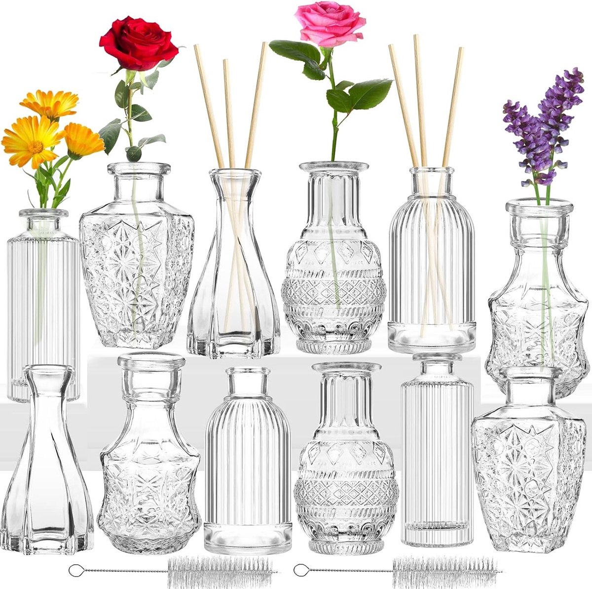 Set van 12 Glazen Bloemenvazen voor Bloemen, Mini Glazen Flessen, Decoraties voor Woonkamer, Kantoor en Feestjes