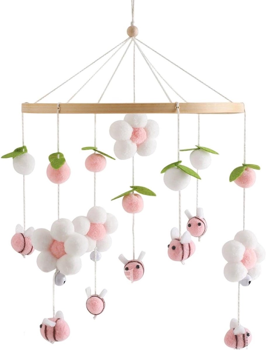 Ledikant Mobiel - Speelgoeddecoratie Wieg - Babykamer Aankleden - Handgeknoopte Vilten Vormen - 41x23cm - Roze