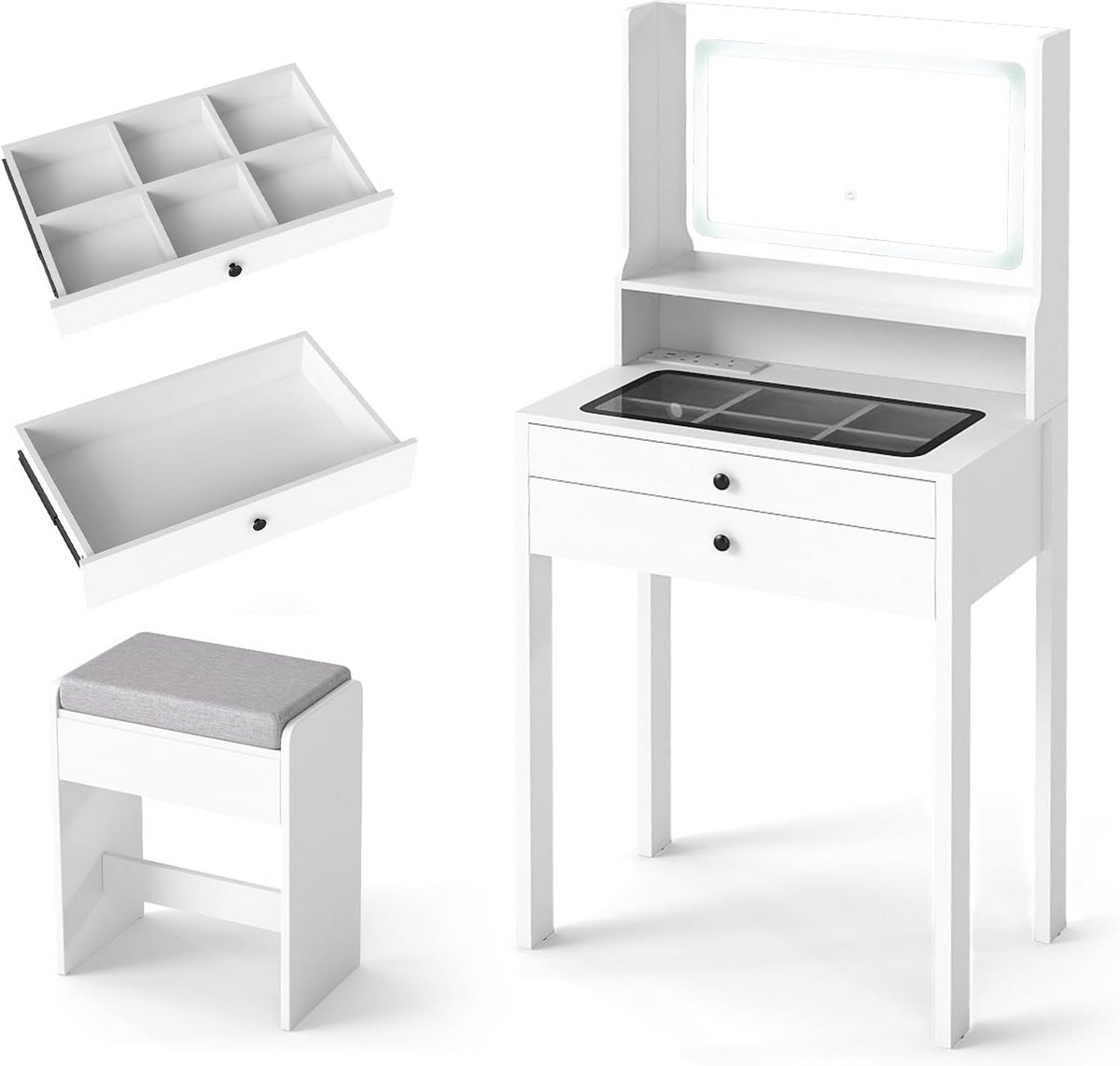 Kaptafel met 3 Kleuren LED Spiegel, Stopcontact en Kruk