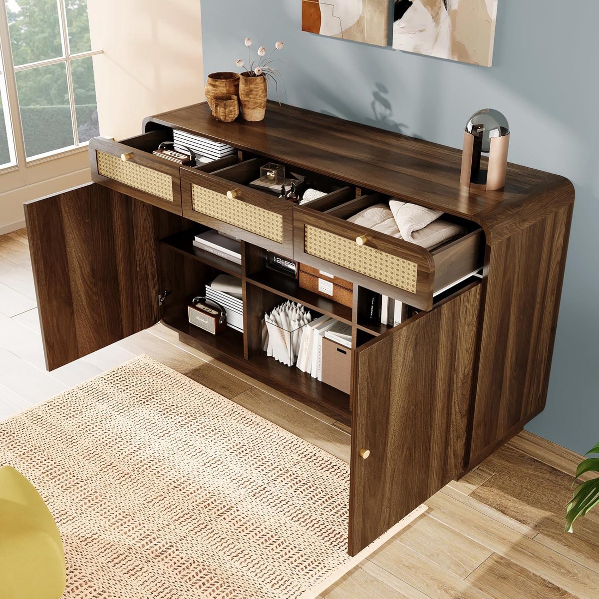 Lunara Luxe Rotan Dressoir met Schuifdeuren en Lades – Modern Walnootlook Opbergmeubel met Verstelbare Planken voor Woonkamer, Eetkamer en Hal – 170 x 40 x 100 cm